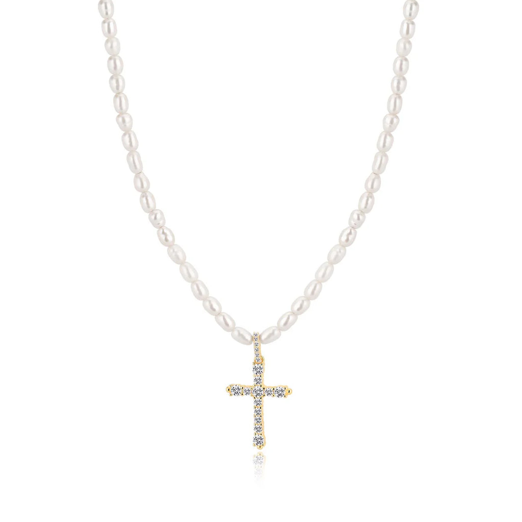Pearl Cross Necklace in Gold