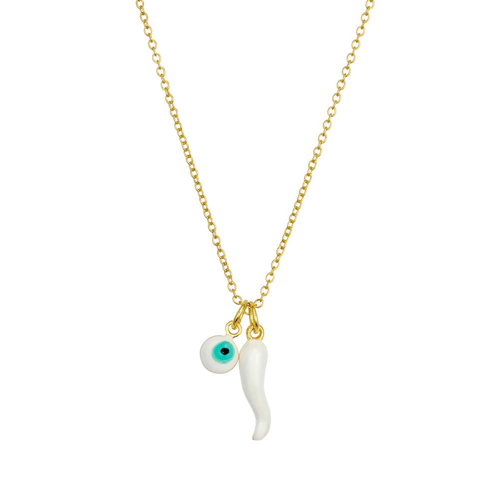 Cornicello Necklace with White Horn and Eye in Gold