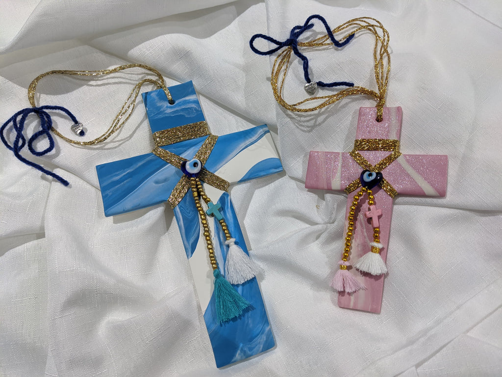 Thalassa Baby Pink Cross with Gold Stringing