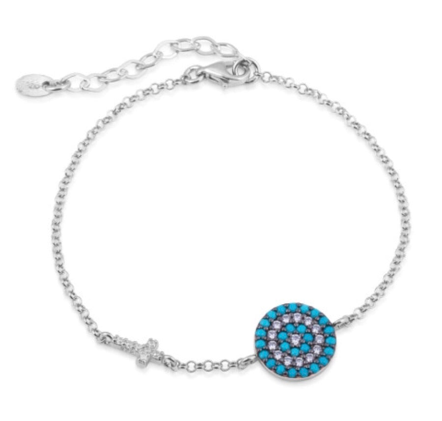 Big Eye and Cross Nano Turquoise Bracelet in Sterling Silver