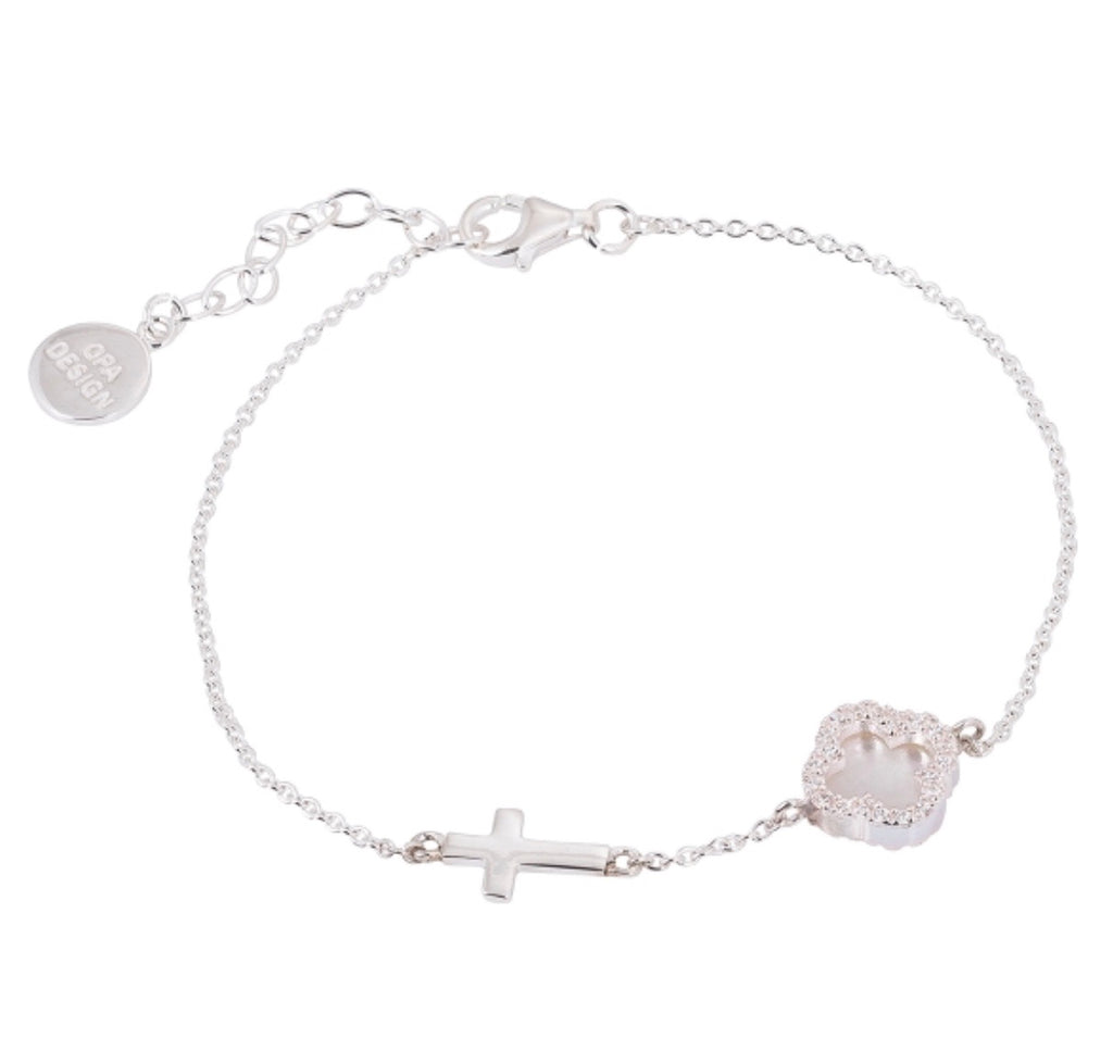 Mother Of Pearl Clover with Cross in Sterling Silver