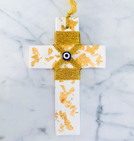 White Cross with Gold Leaf, Stringing and Eye