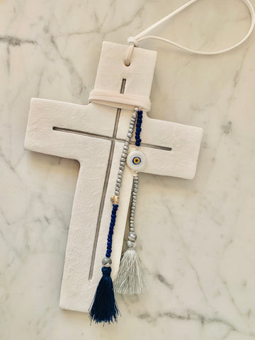 Blue Marbled Cross on White with embellishments