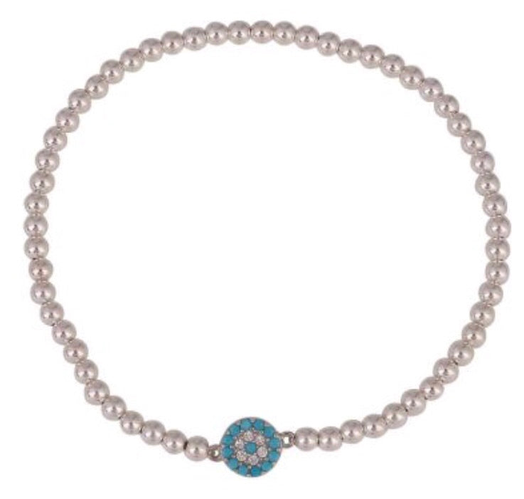 Small Light Blue Eye Beaded Bracelet in Sterling Silver
