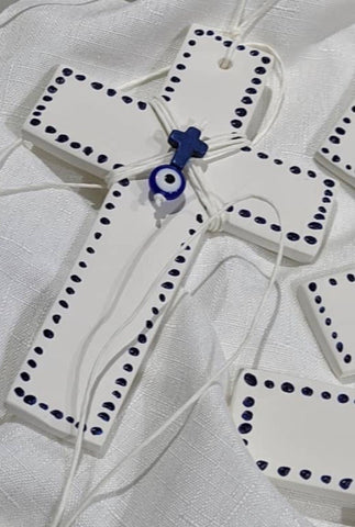 Blue Marbled Cross on White with embellishments