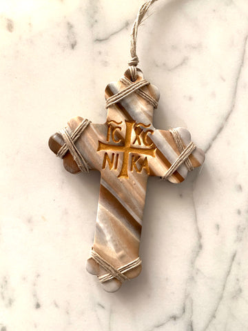 Blue Marbled Cross on White with embellishments