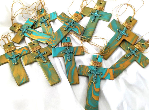 Blue Marbled Cross on White with embellishments