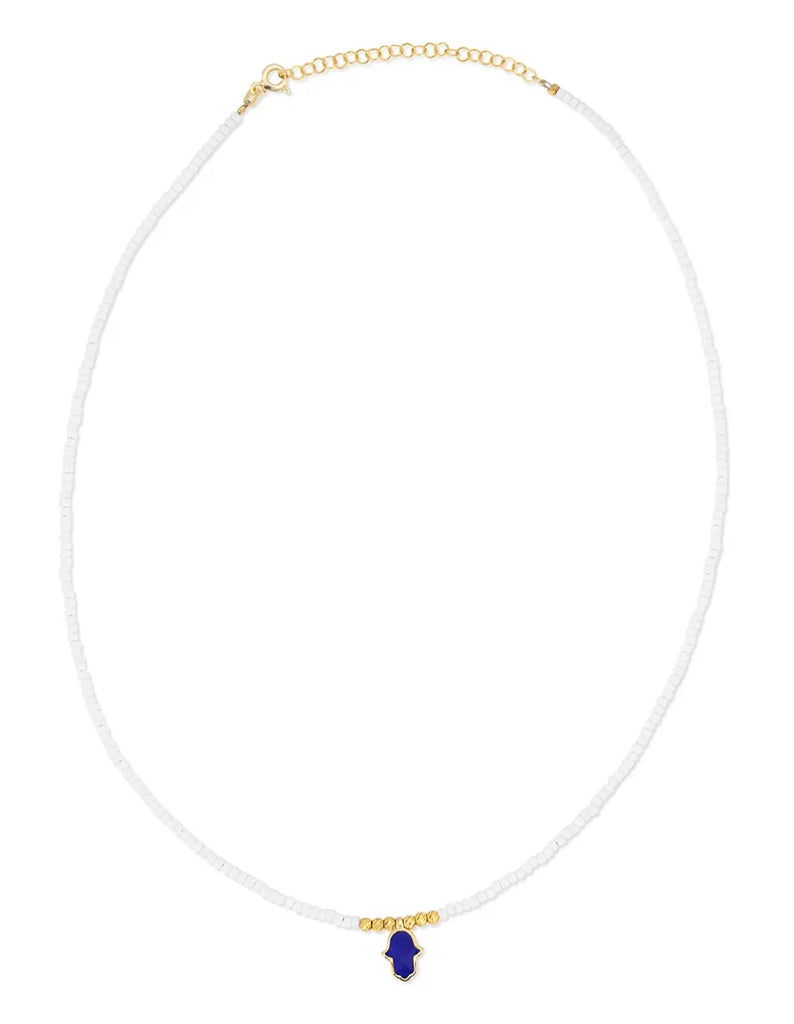 Santorini Beaded Hamsa Necklace with White Beads