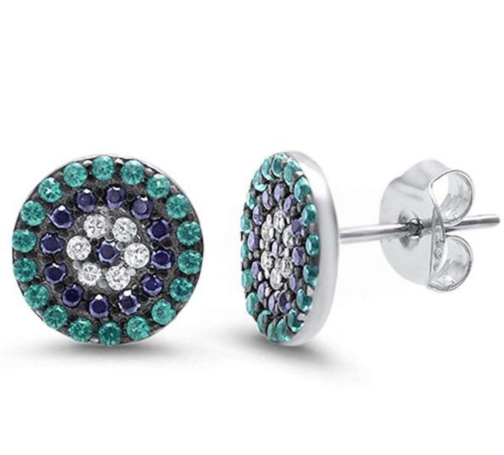 Emerald Green Evil Eye Earrings in Sterling Silver