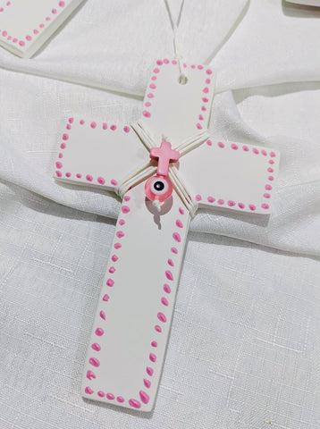 Blue Marbled Cross on White with embellishments