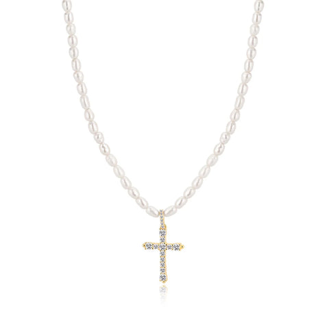 Pearl Cross Necklace in Gold