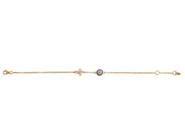 Small Eye and Crystal Cross Bracelet in Gold