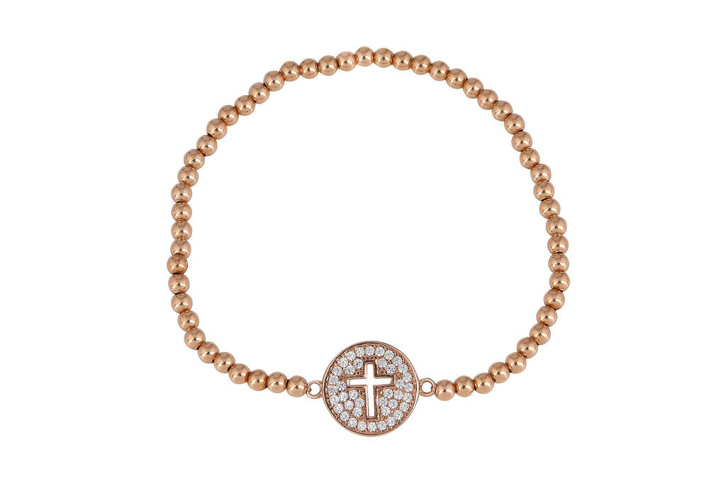 Circle Cut Out Cross Beaded Bracelet in Rose Gold