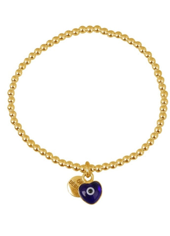 Love Heart Dark Blue Eye Beaded Bracelet in Gold