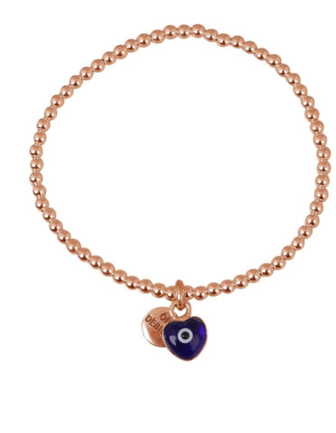 Love Heart Dark Blue Eye Beaded Bracelet in Rose Gold