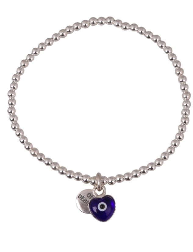 Love Heart Dark Blue Eye Beaded Bracelet in Sterling Silver