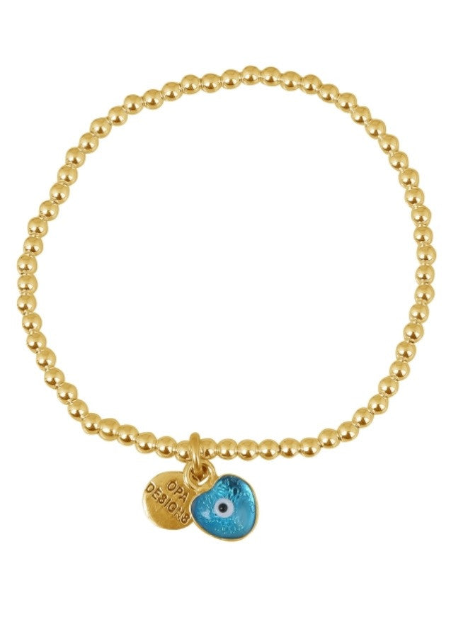 Love Heart Light Blue Eye Beaded Bracelet in Gold