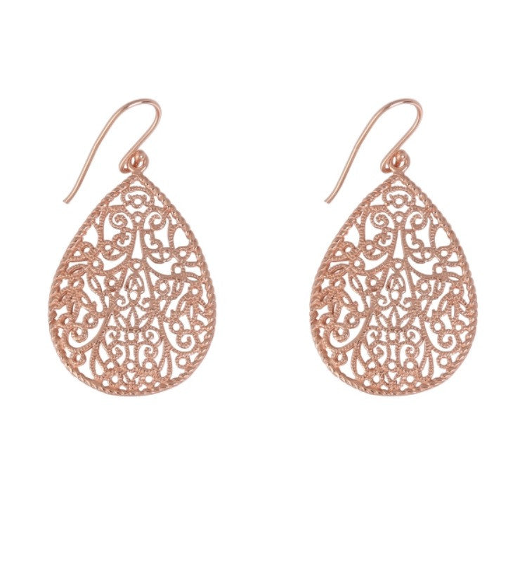 Teardrop Ornate Earrings in Rose Gold