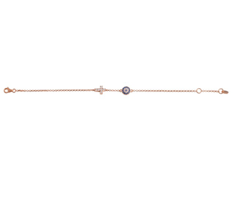 Small Eye and Crystal Cross Bracelet in Rose Gold