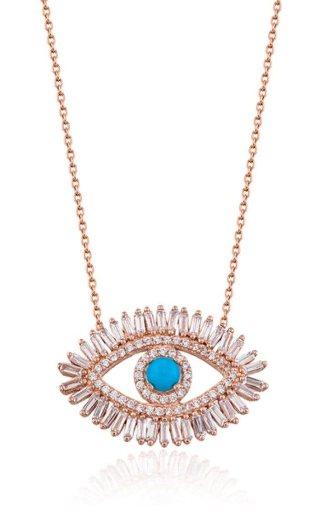Baguette Evil Eye Necklace in Rose Gold