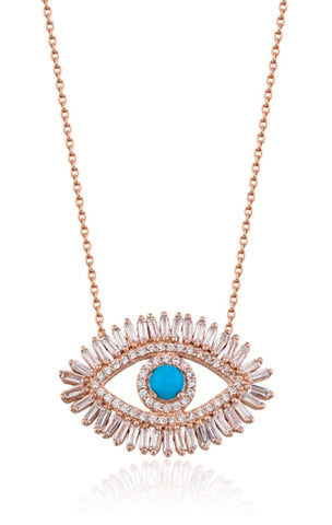 Baguette Evil Eye Necklace in Rose Gold