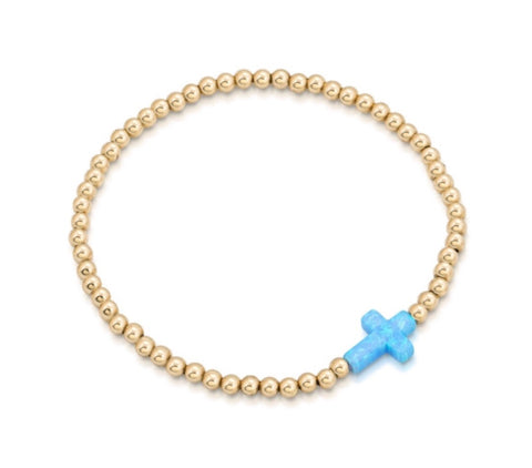 Opalite Sideways Cross Beaded Bracelet in Gold