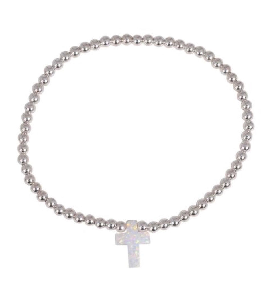 Opalite White Cross Beaded Bracelet in Rose Gold