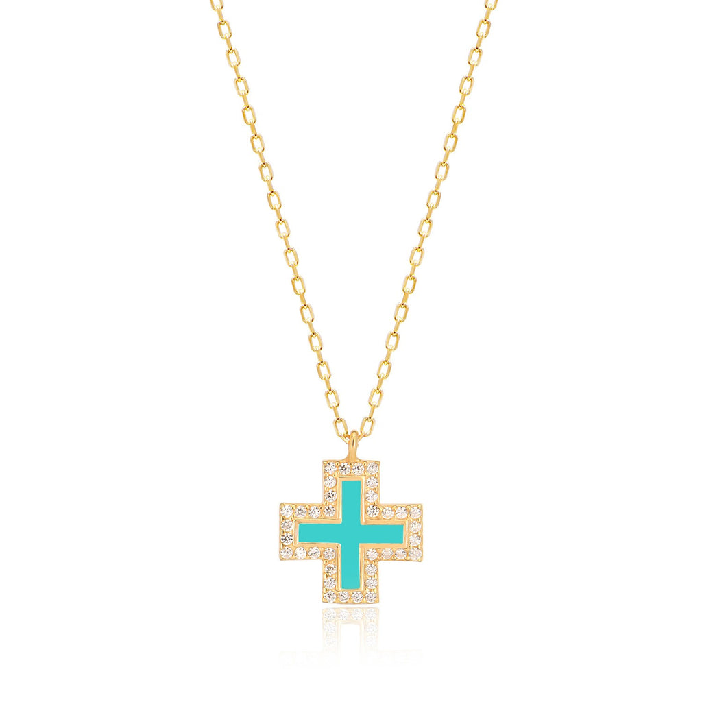 Tinos Island Turquoise Cross Necklace in Gold