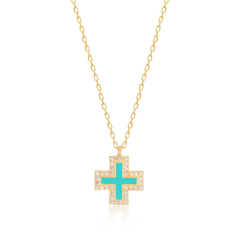 Tinos Island Turquoise Cross Necklace in Gold
