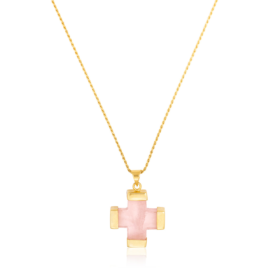 Rose Quartz Stone Cross Necklace in Gold