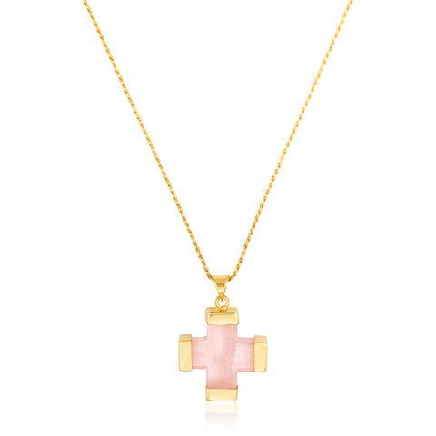 Rose Quartz Stone Cross Necklace in Gold
