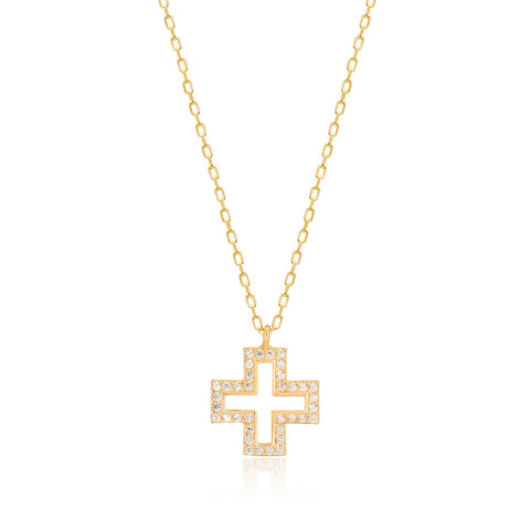 Tinos Island White Cross Necklace in Gold