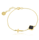 Onyx Clover and Cross Bracelet in Gold