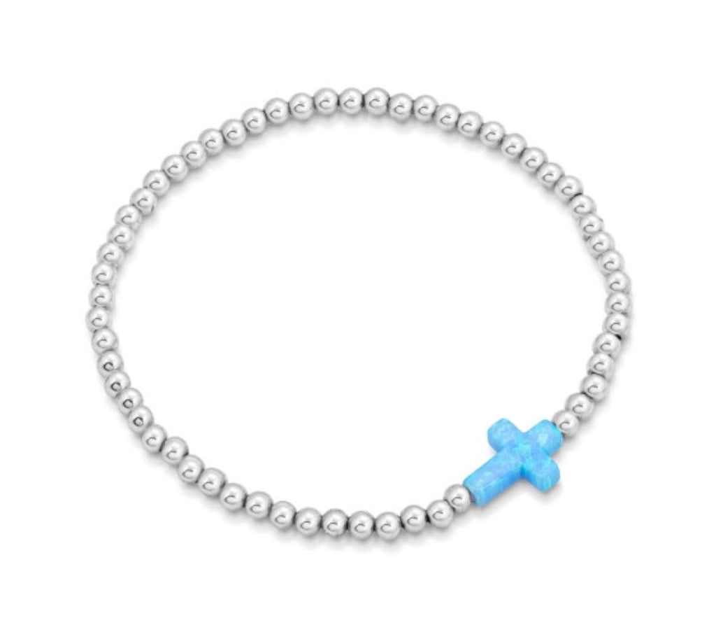 Opalite Sideways Cross Beaded Bracelet in Sterling Silver