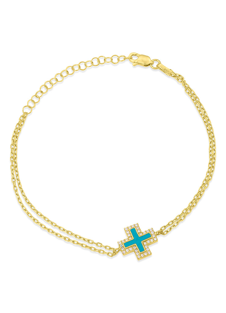 Tinos Island Turquoise Cross Bracelet in Gold