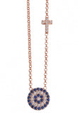 Blue Eye and Crystal Cross Necklace in Rose Gold
