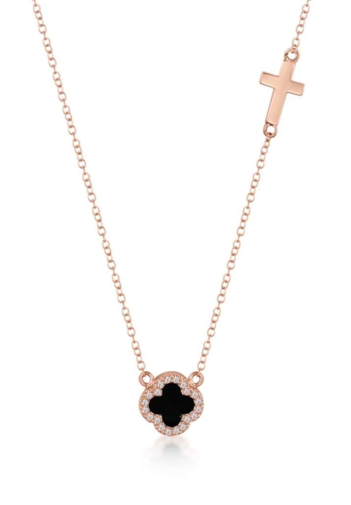 Onyx Clover & Cross Necklace in Rose Gold
