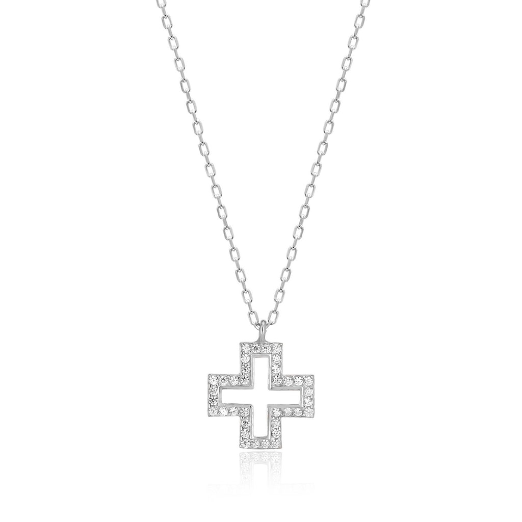 Tinos Island White Cross Necklace in Silver
