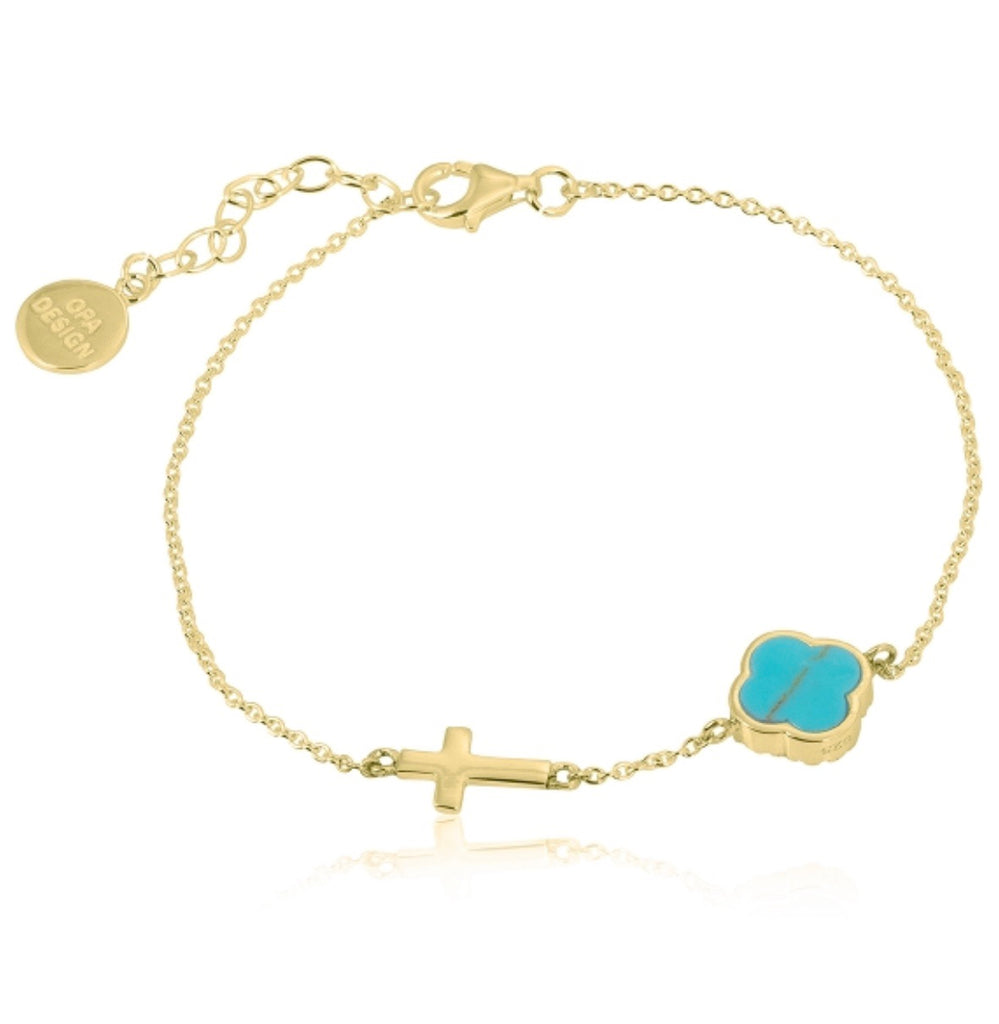Turquoise Clover with Cross Bracelet in Gold