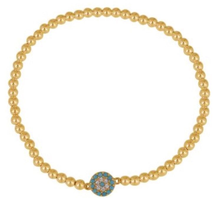 Small Light Blue Eye Beaded Bracelet in Gold