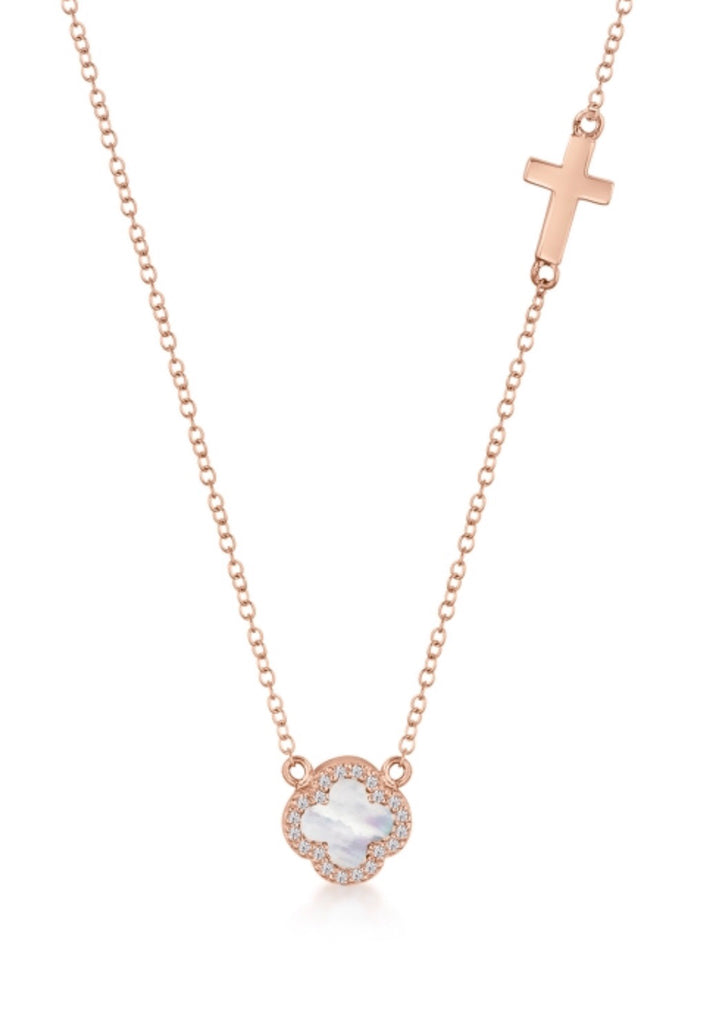 Mother of Pearl Clover & Cross Necklace in Rose Gold