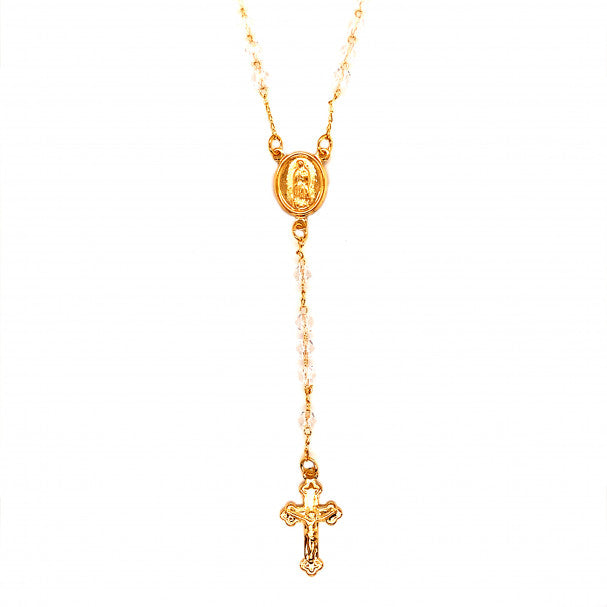 Clear Crystal Rosary Necklace in Gold