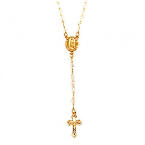 Clear Crystal Rosary Necklace in Gold