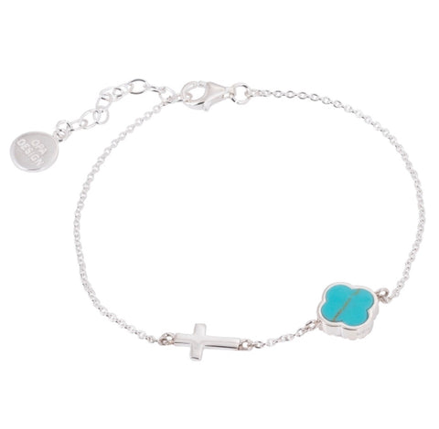 Turquoise Clover with Cross Bracelet in Sterling Silver