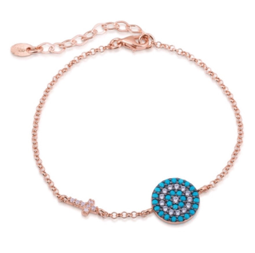 Big Eye and Cross Nano Turquoise Bracelet in Sterling Silver