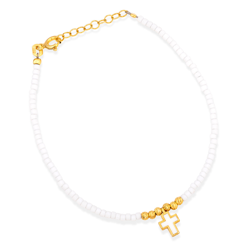 Mykonos White Beaded Cross Bracelet in Gold
