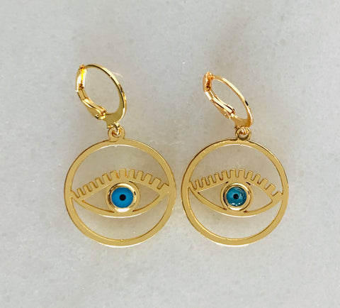 Hoop Lash Evil Eye Earrings in Gold