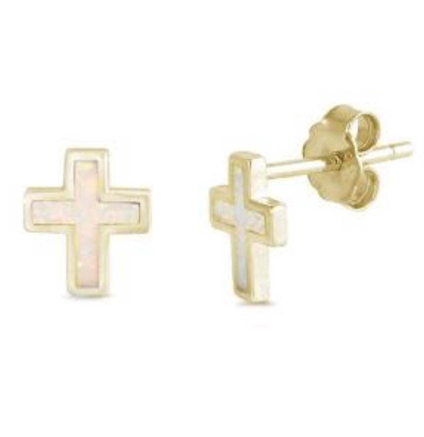 Opalite White Cross Earrings in Gold