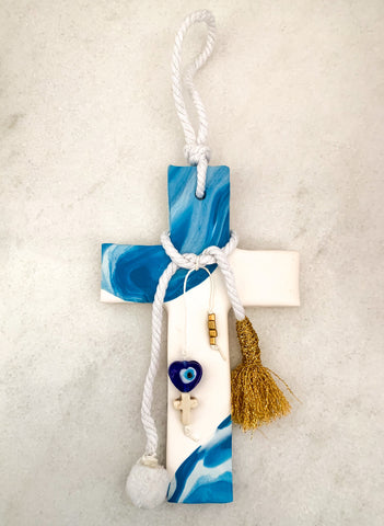 Blue Marbled Cross on White with embellishments
