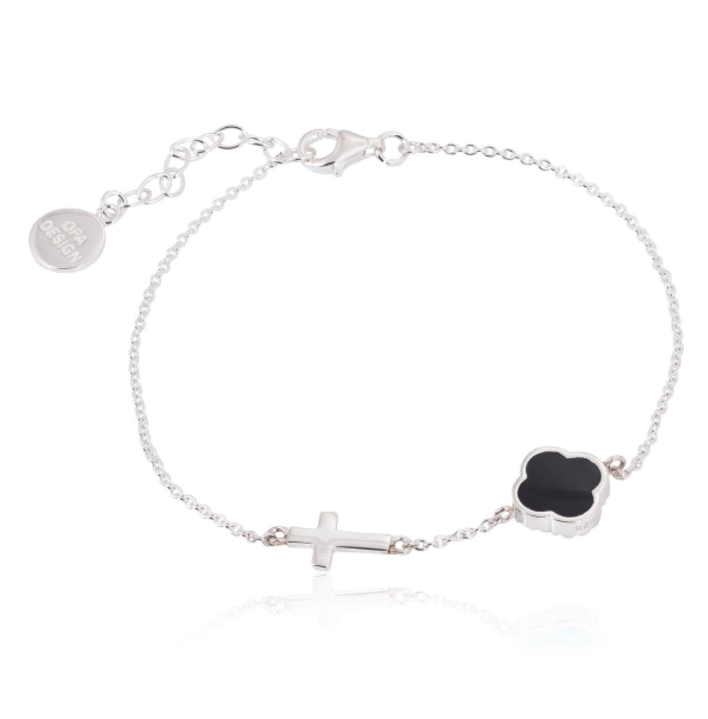 Onyx Clover and Cross Bracelet in Sterling Silver